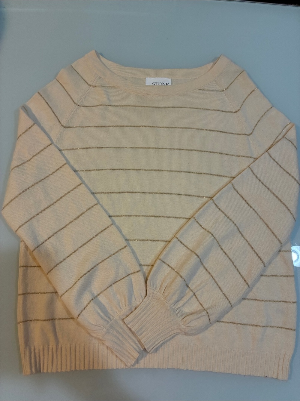 Cream with gold striped Crewneck merino wool cashmere holiday Sweater Stone Sky